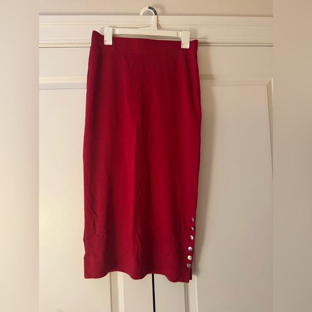 Stylish Red Midi Skirt with Button Accents